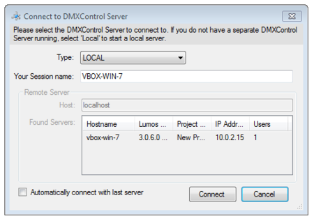 Picture 4: Lumos GUI "Conncet to DMXControl Server" window